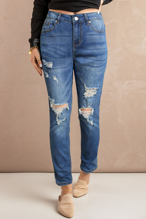 Blue Hollow Out Vintage Skinny Ripped Jeans - cas7m