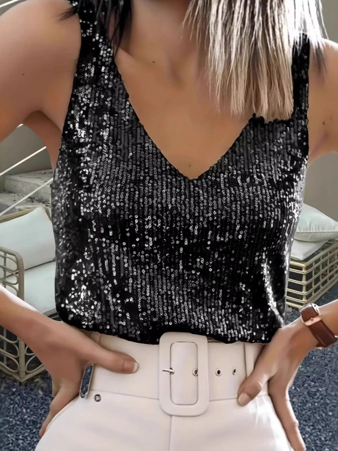 Sequin V-Neck Tank Top - cas7m