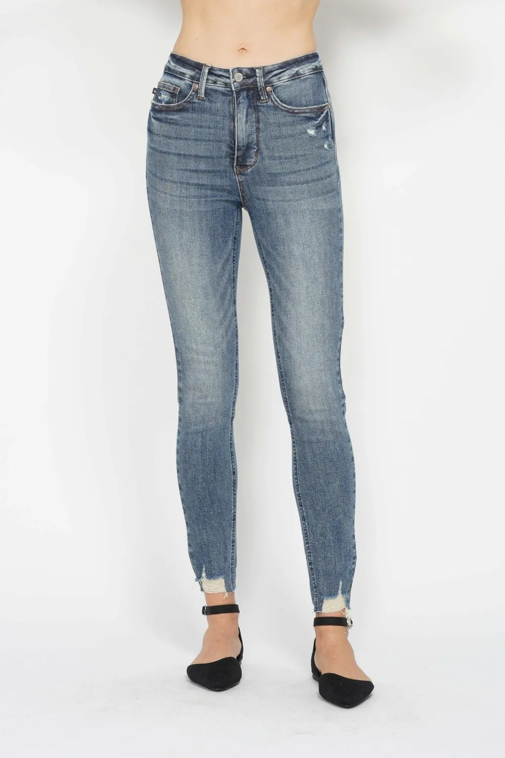 Judy Blue Full Size Tummy Control Vintage Wash Hem Destroy Skinny Jeans - cas7m