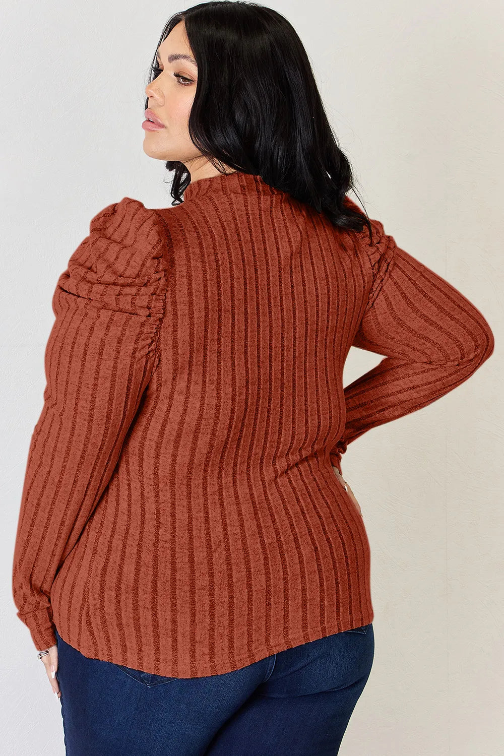 Basic Bae Full Size Ribbed Mock Neck Puff Sleeve T-Shirt - cas7m
