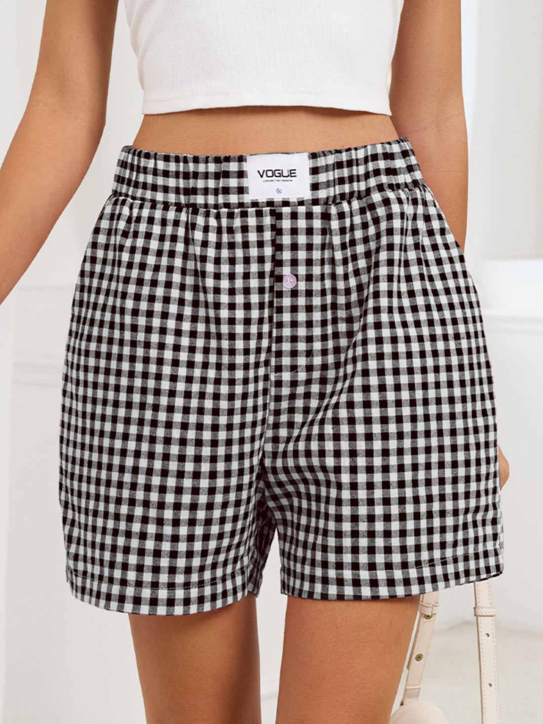 Gingham Elastic Waist Casual Shorts - cas7m