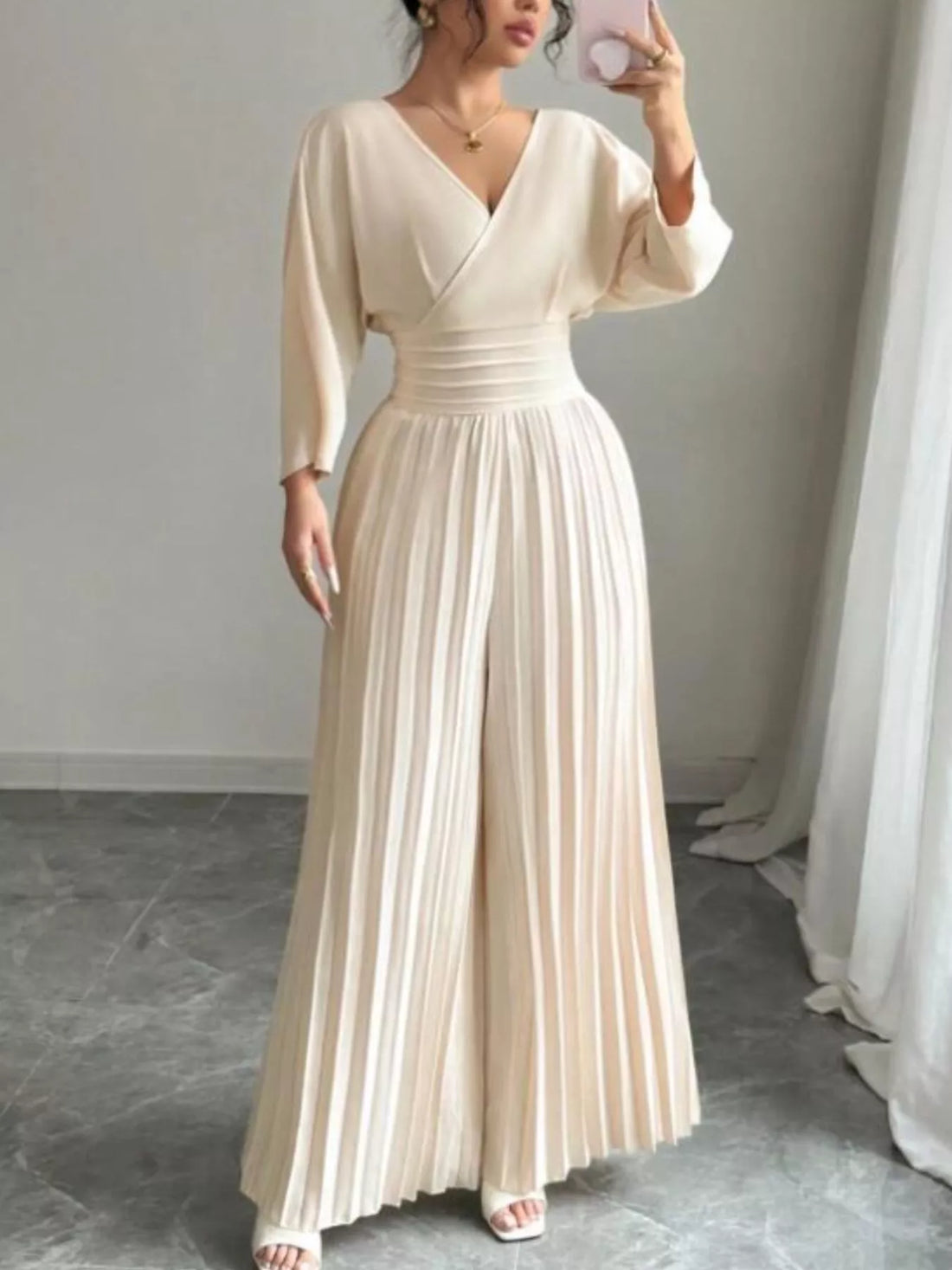 Surplice Pleated Wide Leg Jumpsuit - cas7m