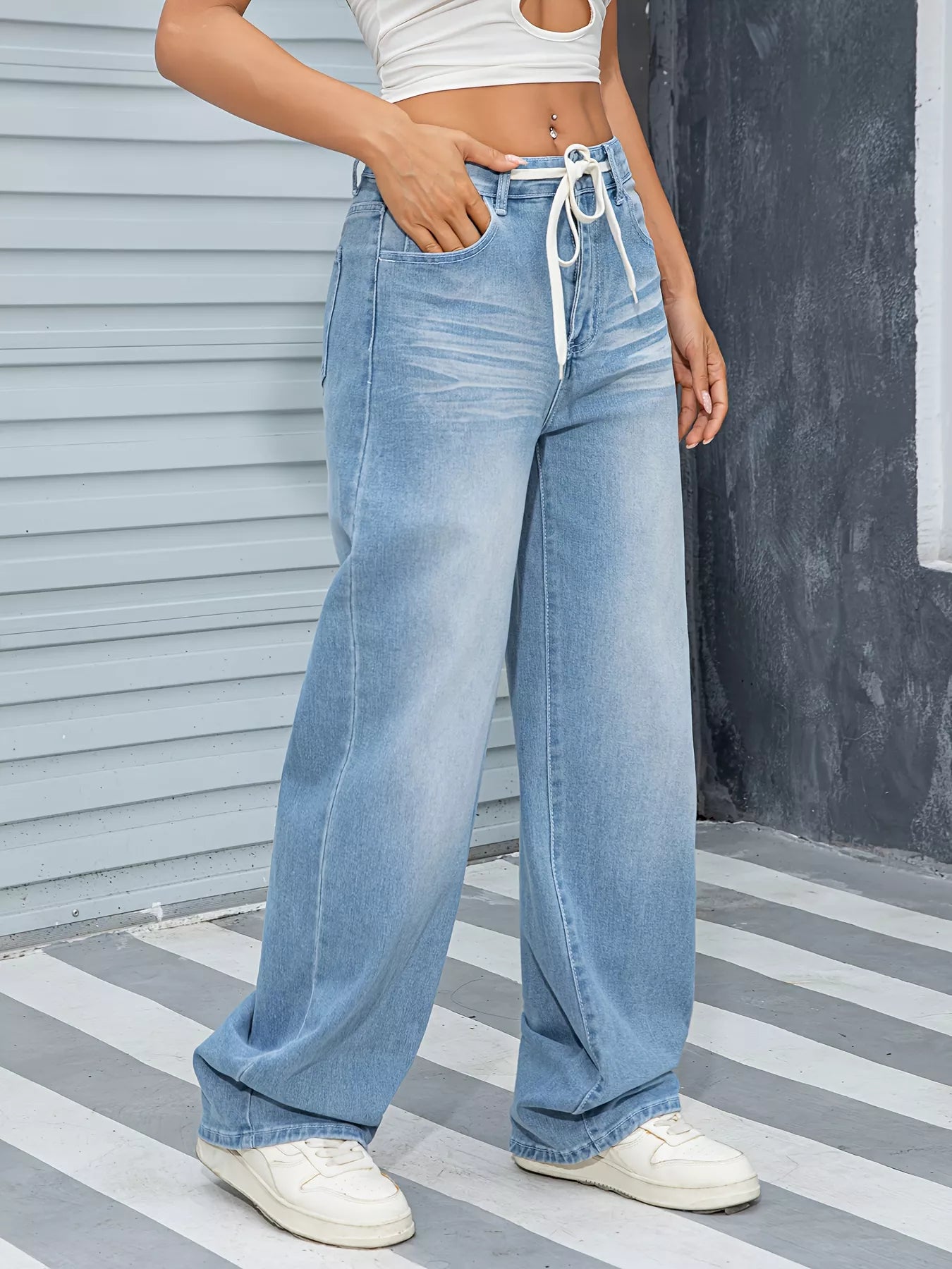 Wide Leg Washed Jeans - cas7m