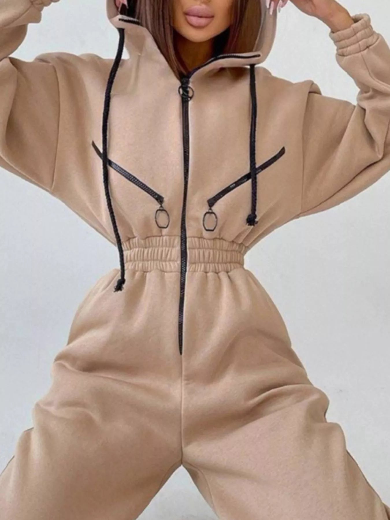 Hooded Zip-Up Long Sleeve Jumpsuit - cas7m