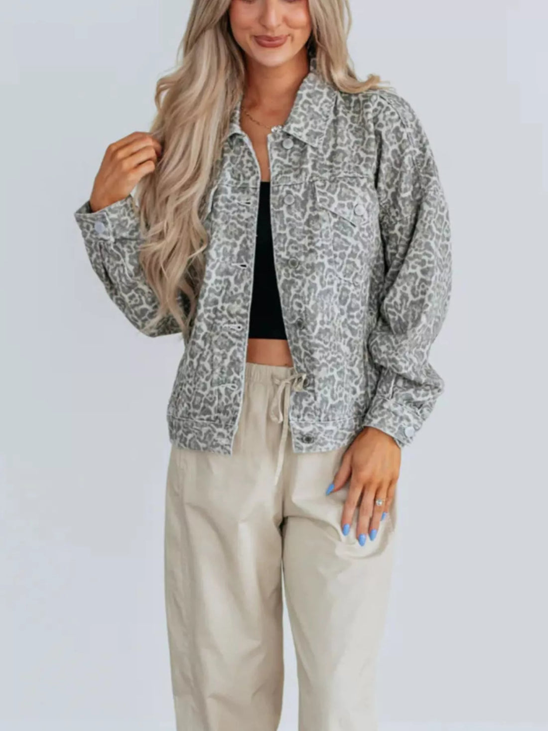 Leopard Button Up Denim Jacket - cas7m