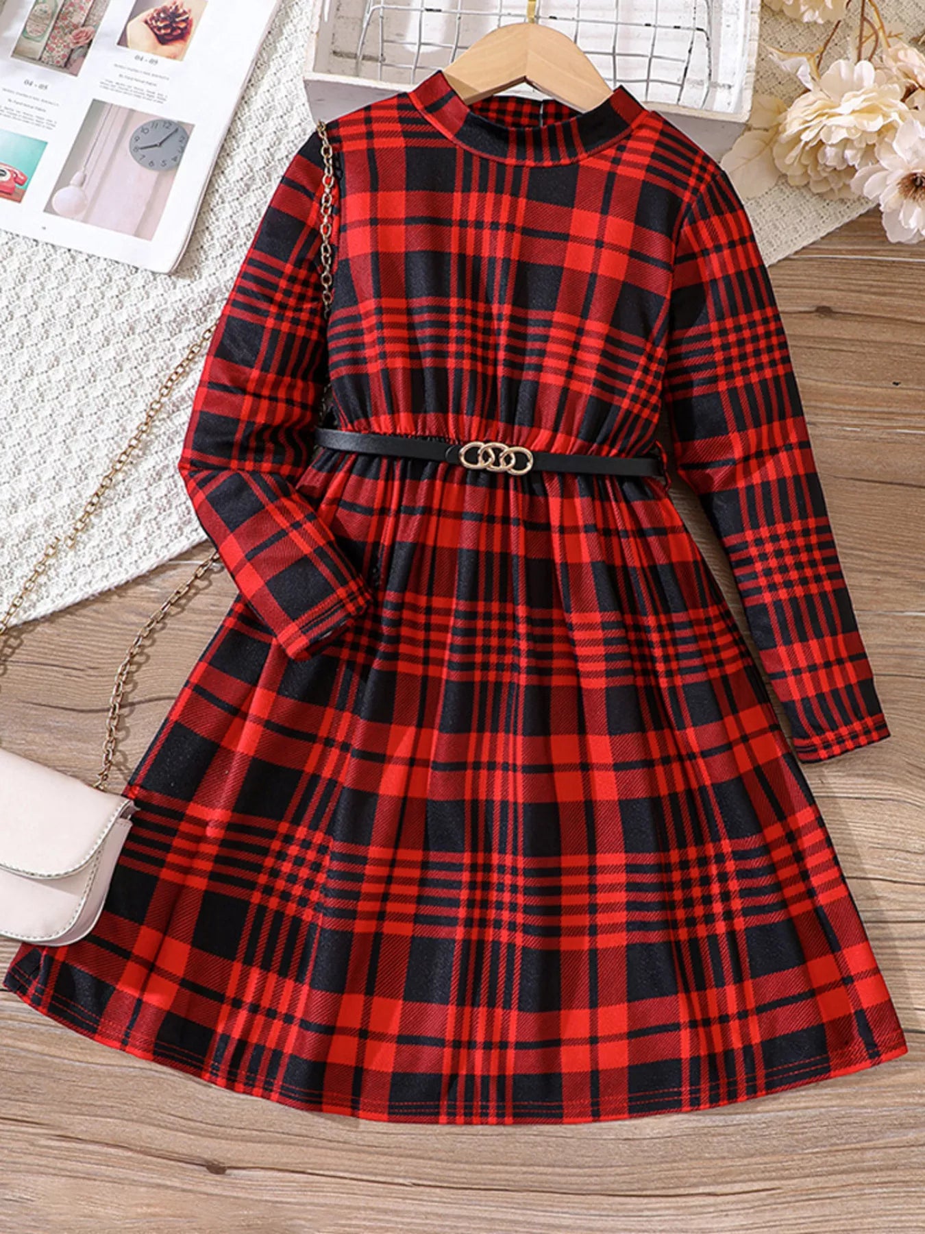 Children's Plaid Print Long Sleeve Dress - cas7m