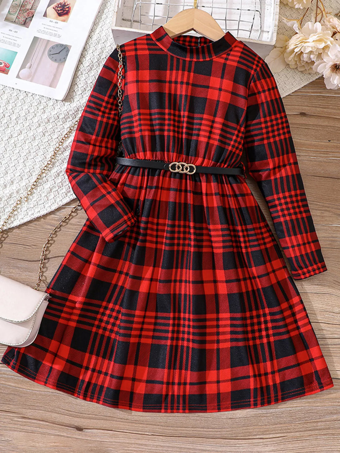 Children's Plaid Print Long Sleeve Dress - cas7m