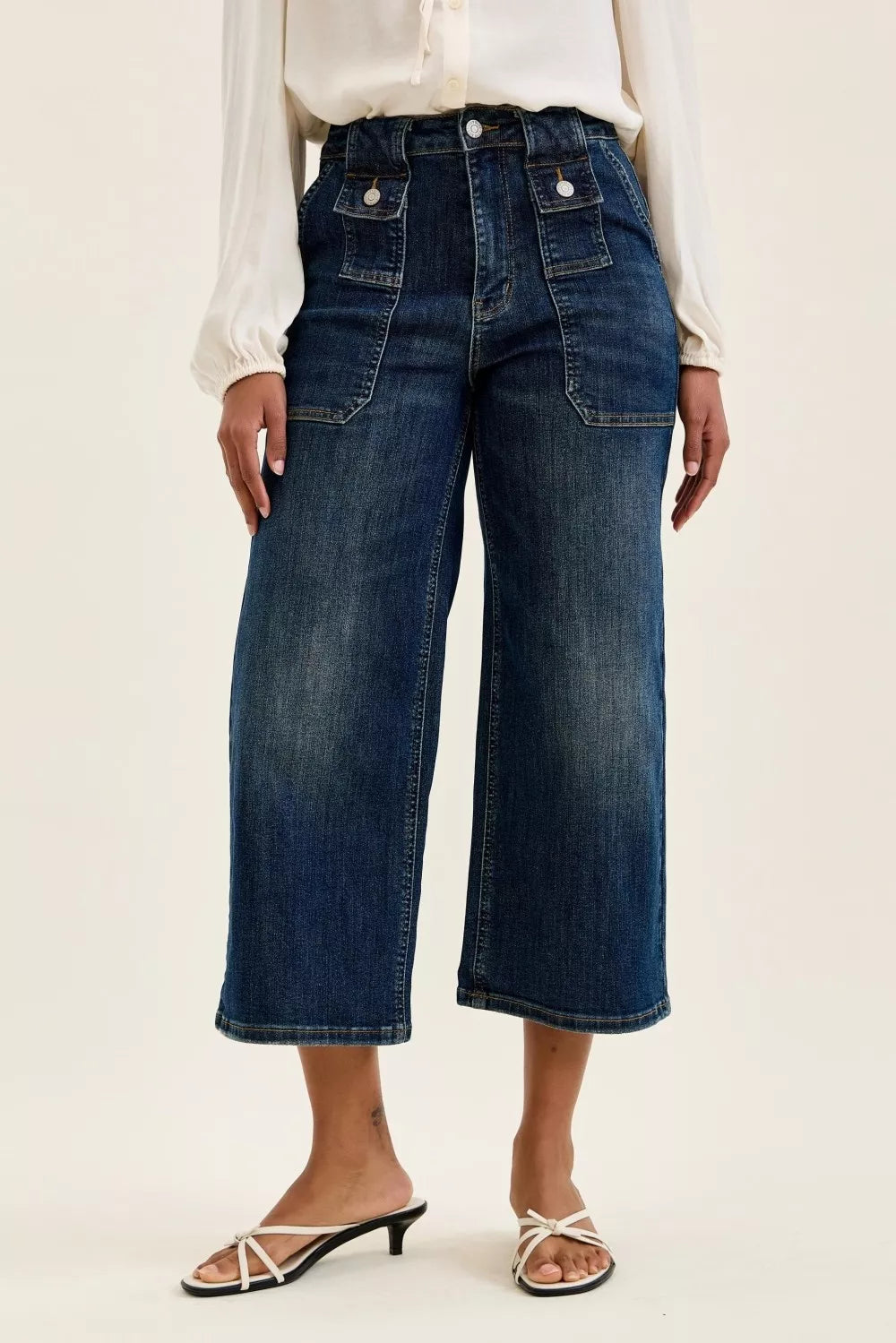 Judy Blue High Waist Wide Crop Utility Jeans with Patch Pocket - cas7m