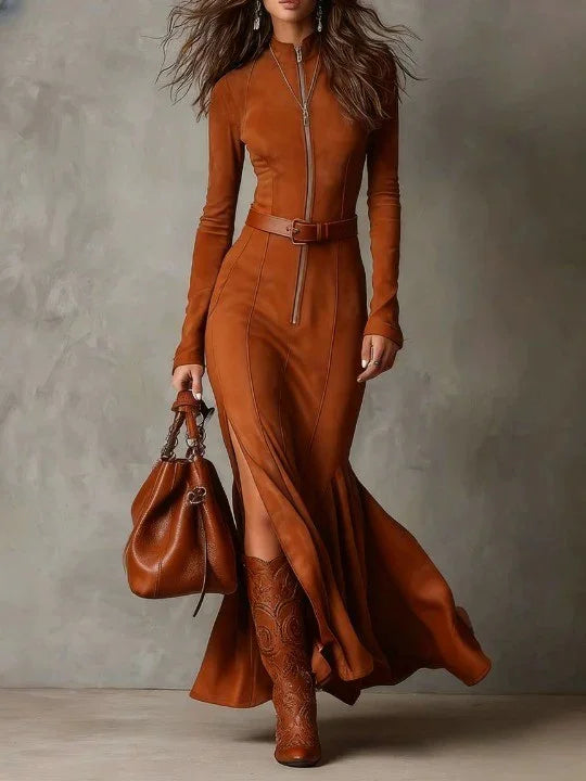Slim Zipper Dress Elegant Temperament Split Long-sleeved Dresses Cowboy Fashion Retro Women's Clothing - cas7m