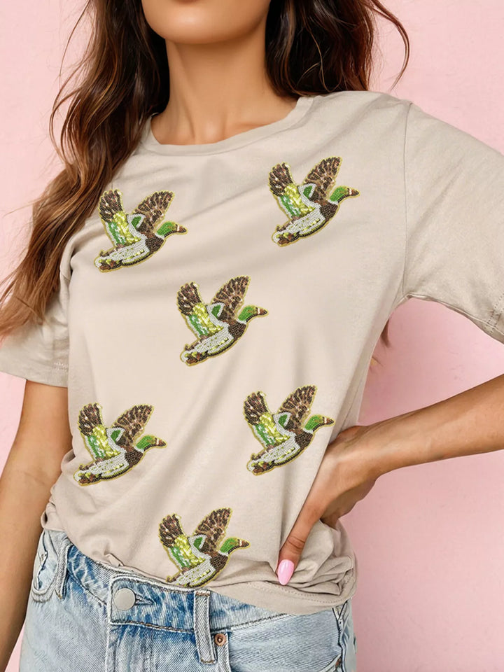 Flying Mallard Sequin Patched Short Sleeve Tee - cas7m