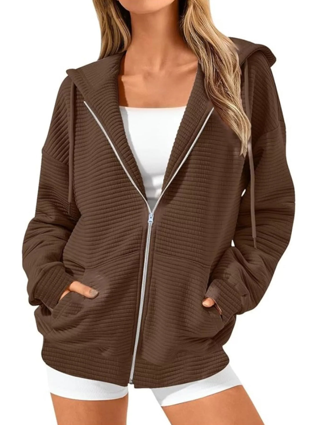 Drawstring Zip Up Dropped Shoulder Hoodie - cas7m