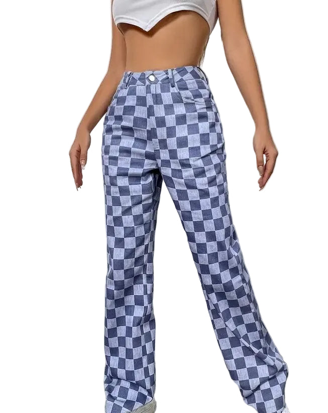 Colorblock Plaid High Waist Wide Leg Denim Jeans