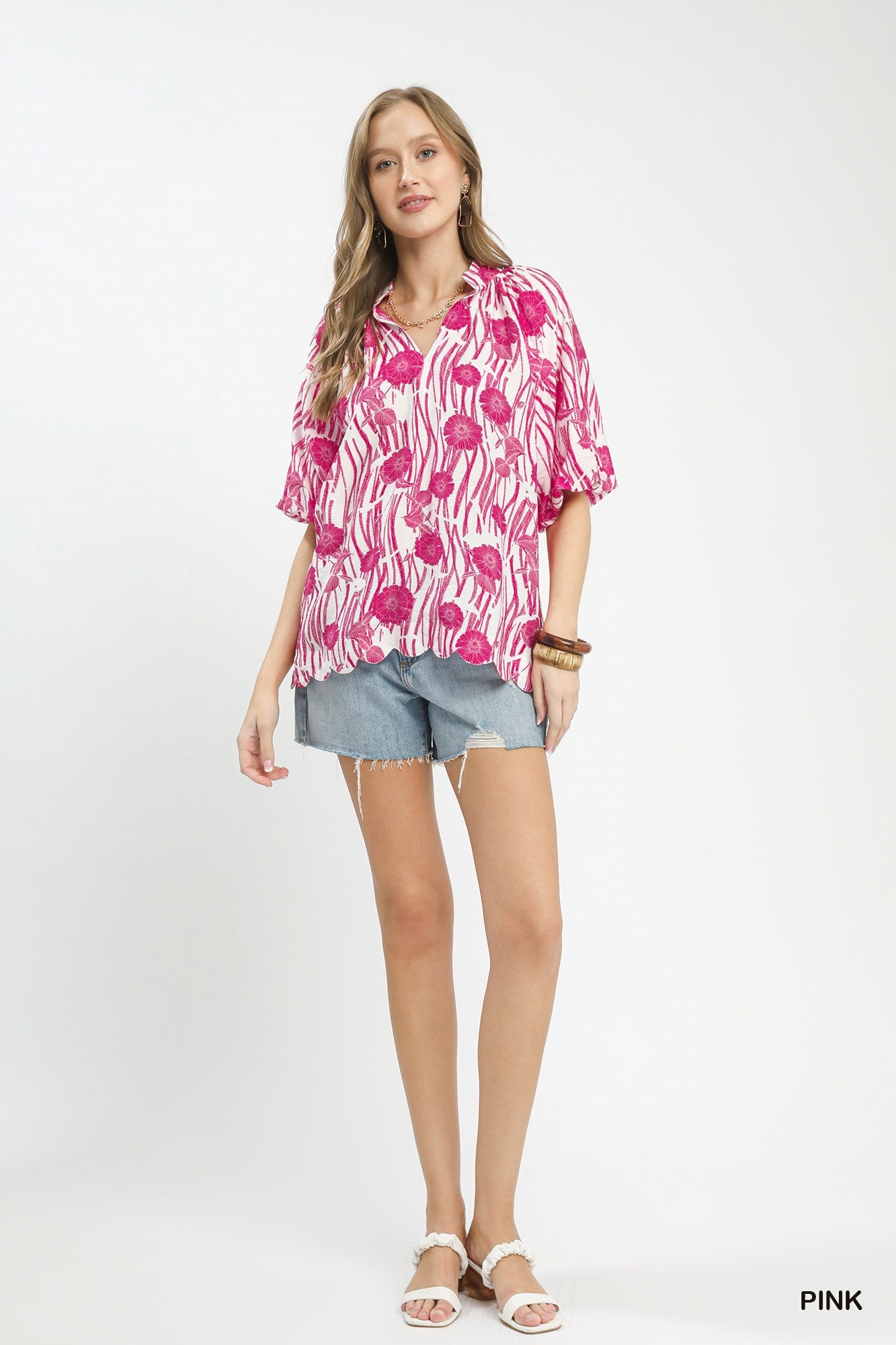 Umgee Floral Scalloped Edge Puff Sleeve Blouse with High-Low Curved Hem - cas7m