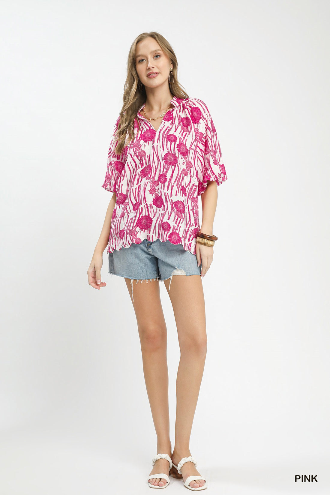 Umgee Floral Scalloped Edge Puff Sleeve Blouse with High-Low Curved Hem - cas7m