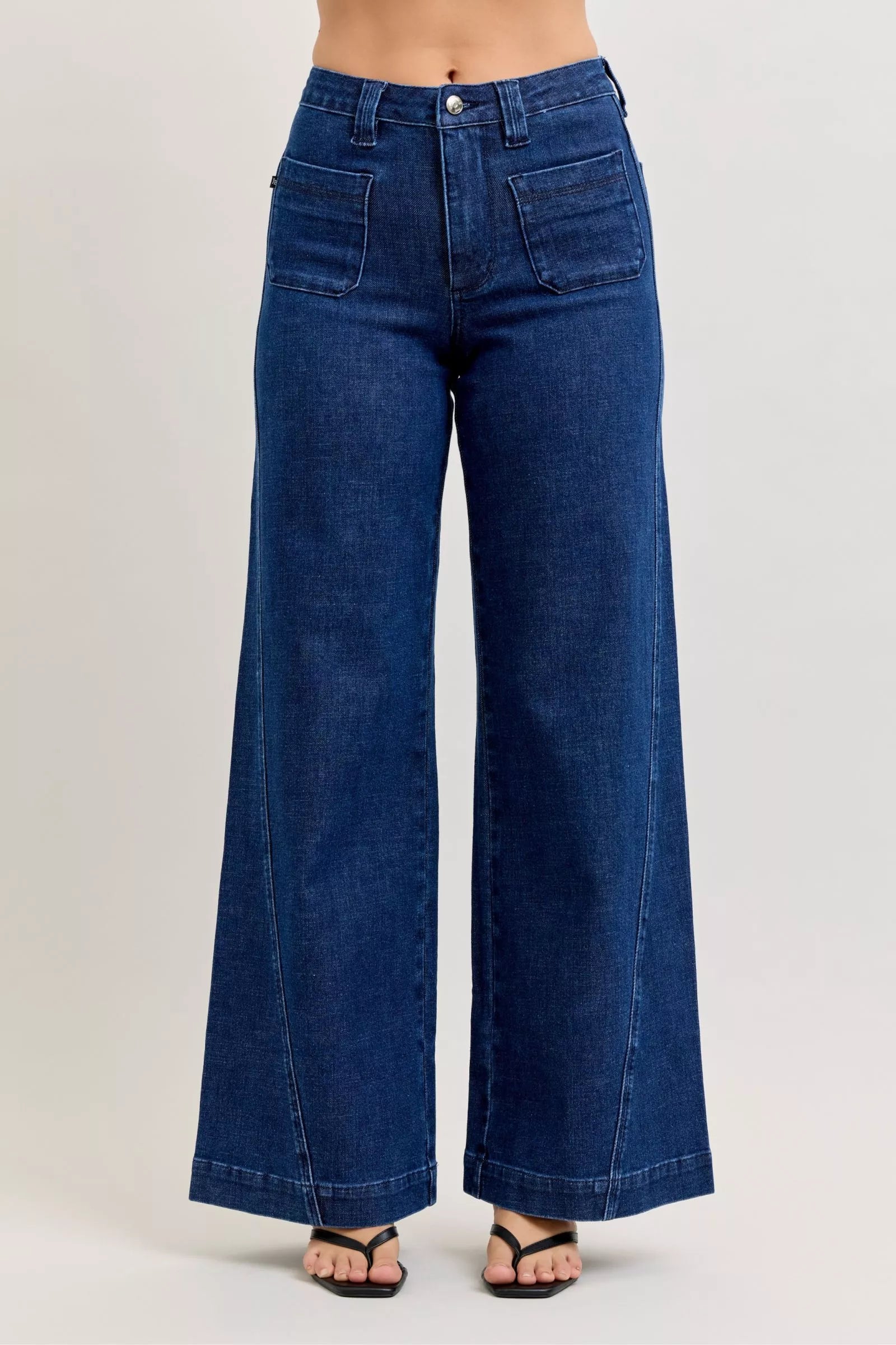 Judy Blue High-Waisted Retro Wide Jeans with Patch Pkts & Twisted Seams - cas7m