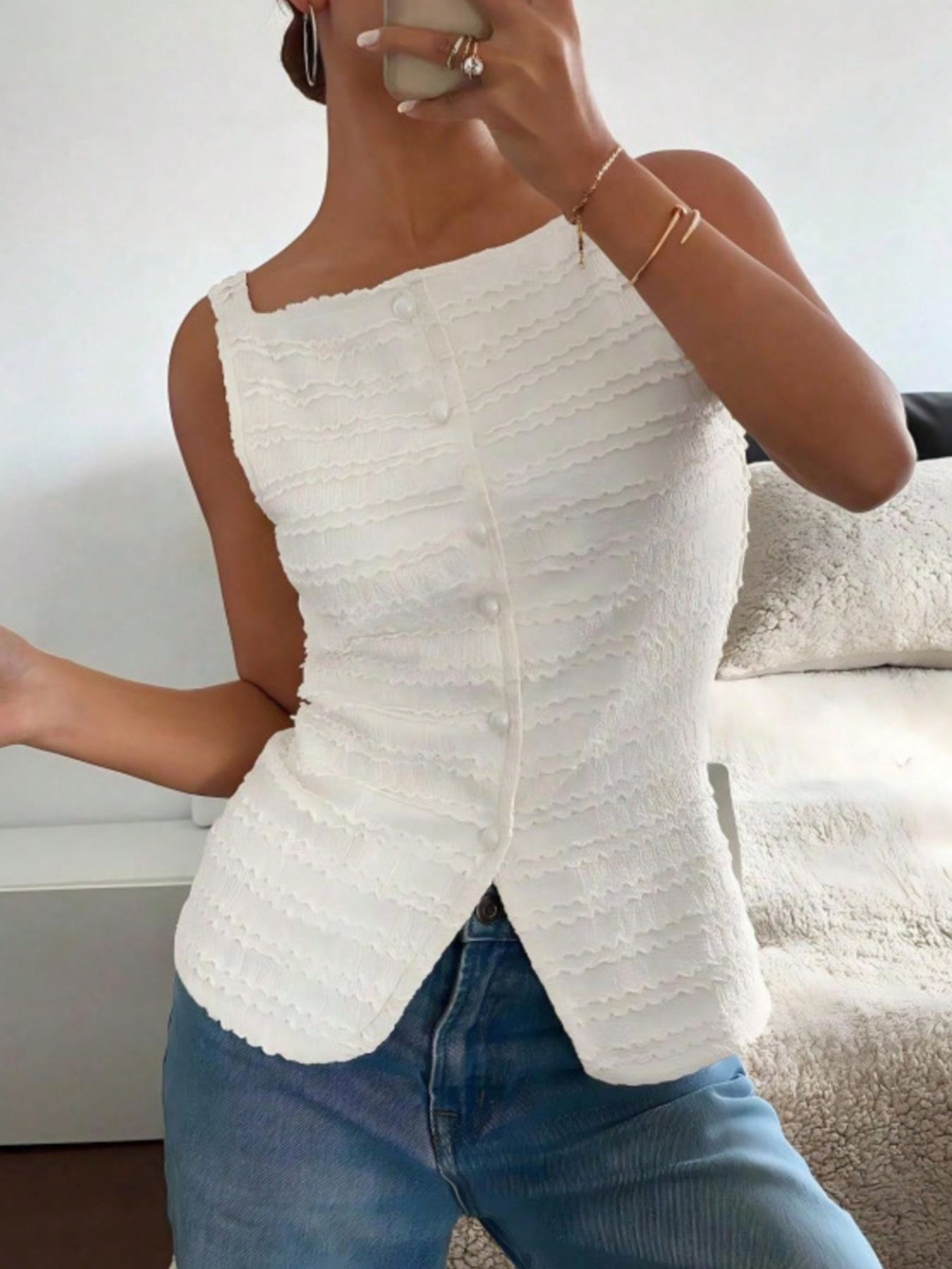 Textured Button-Front Tank - cas7m