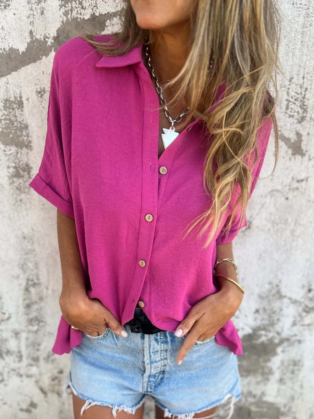 Full Size Collared Neck Half Sleeve Shirt Plus Size - cas7m