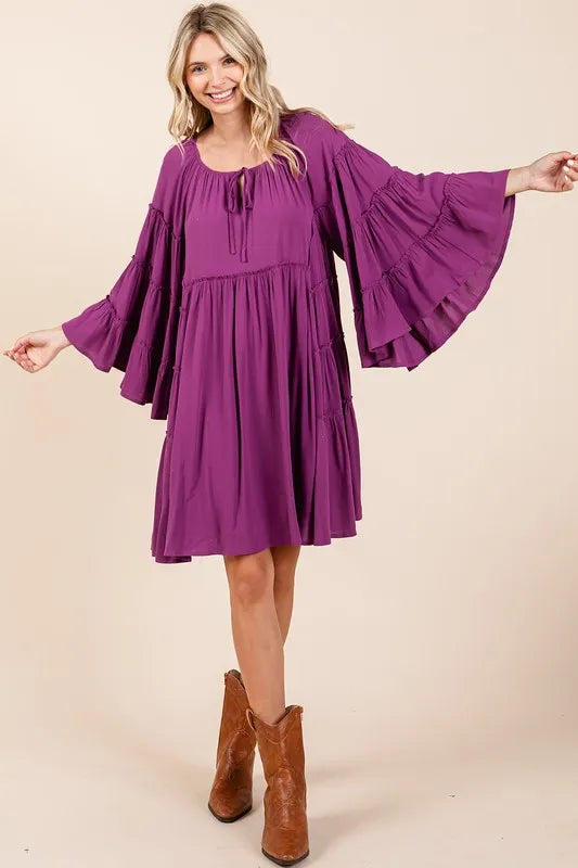 Mittoshop Frill Tie Neck Bell Sleeve Dress - cas7m