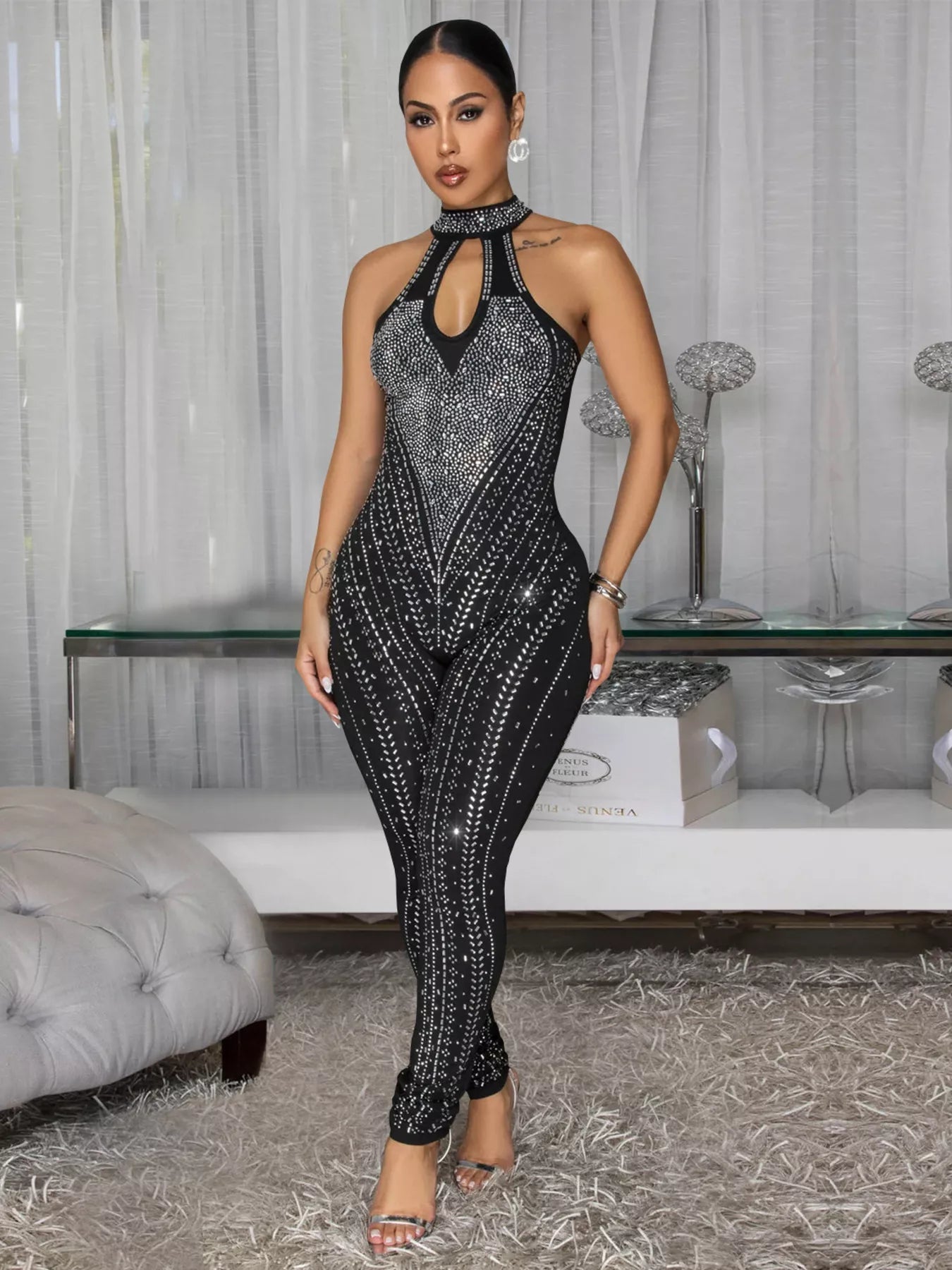 Sparkling Rhinestone Cutout Jumpsuit - cas7m