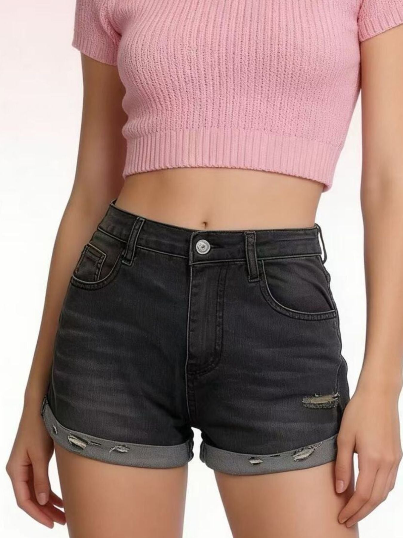 Distressed Denim Roll-Up Shorts - cas7m