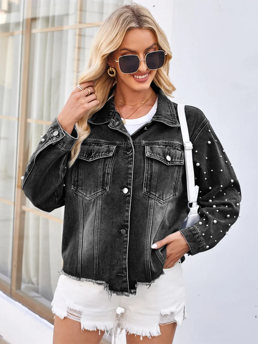 Pearl Trim Raw Hem Denim Jacket - cas7m