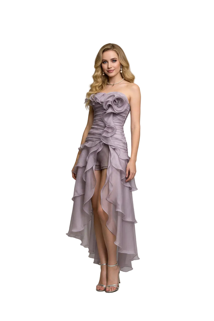 Ruffled High-Low Strapless Dress - cas7m