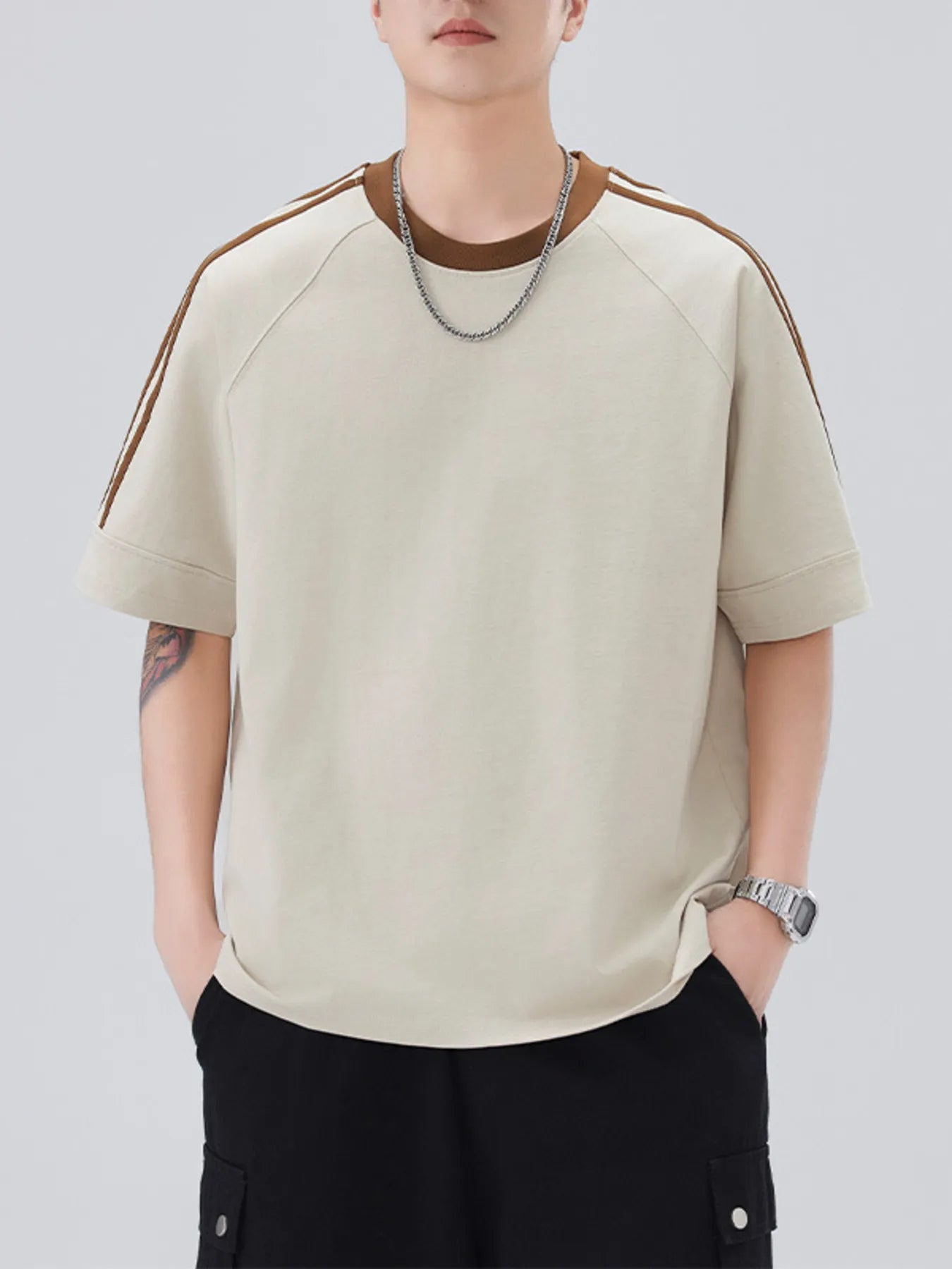 Men's Plus Size Striped Trim Casual T-Shirt - cas7m