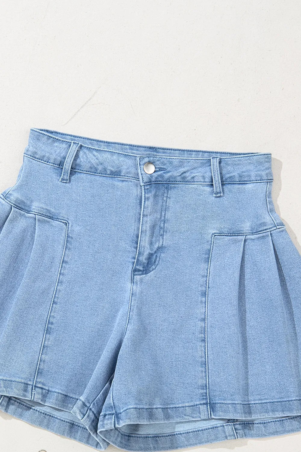 Pleated Patchwork Panel Lightweight Denim Shorts - cas7m