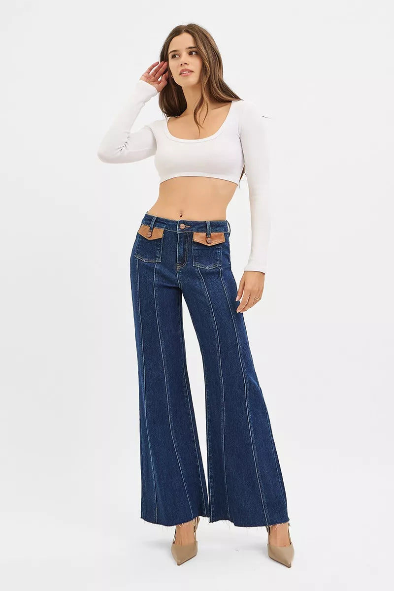 RISEN High Rise Wide Flare Jeans with Front Leather Pocket Detail - cas7m