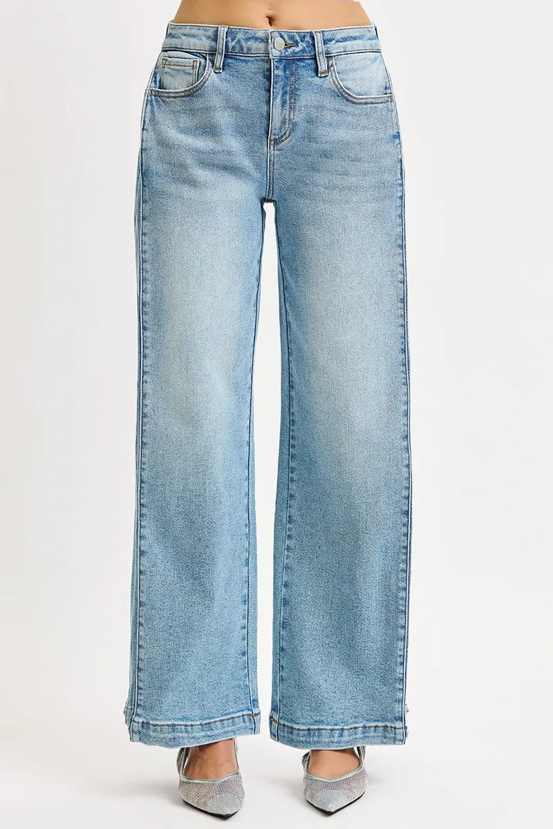 RISEN Mid Rise Wide Barrel Transferable Leg Snap Jeans - cas7m