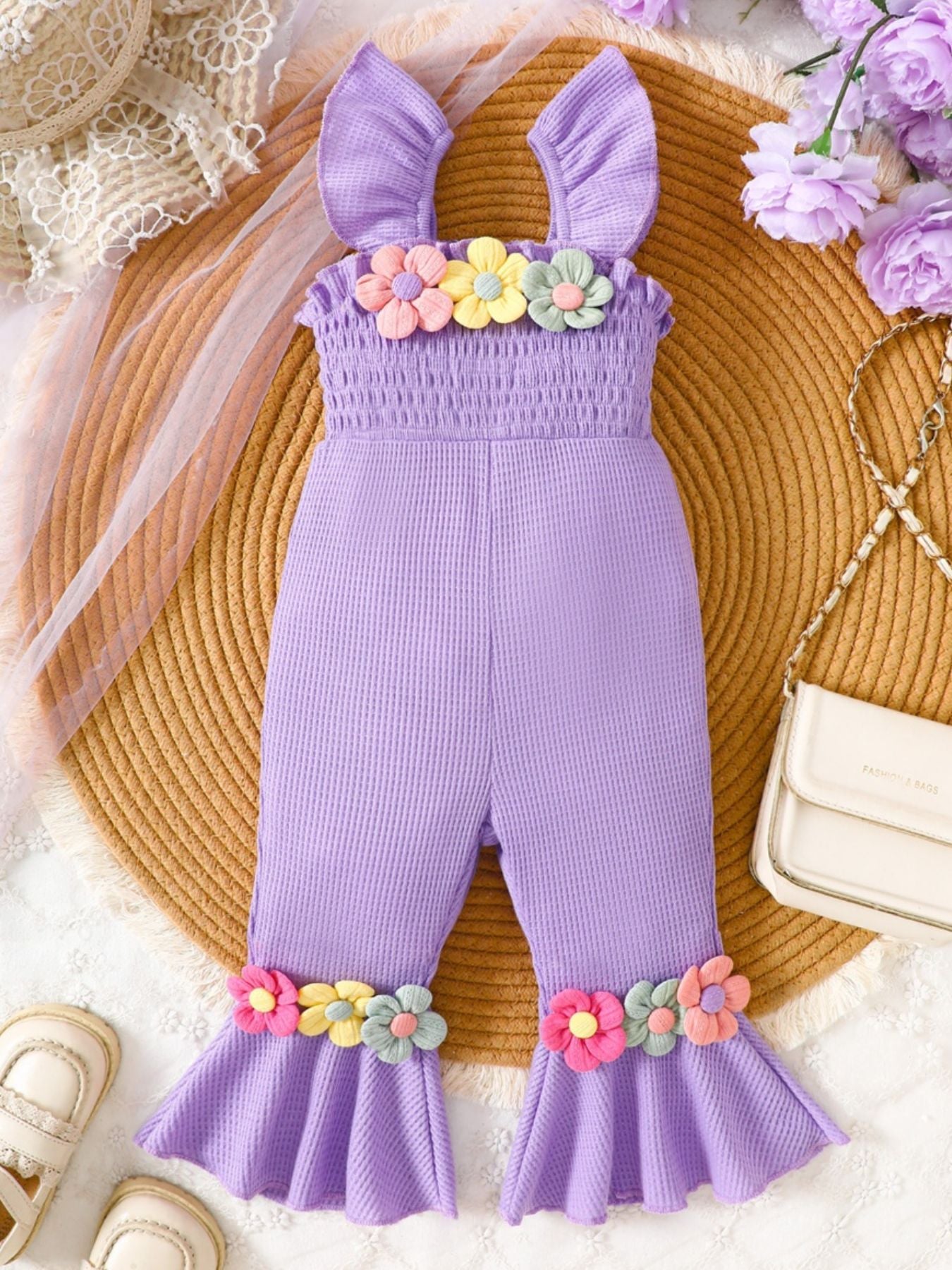 Children's Floral Decor Smocked Ruffle Hem Jumpsuit - cas7m