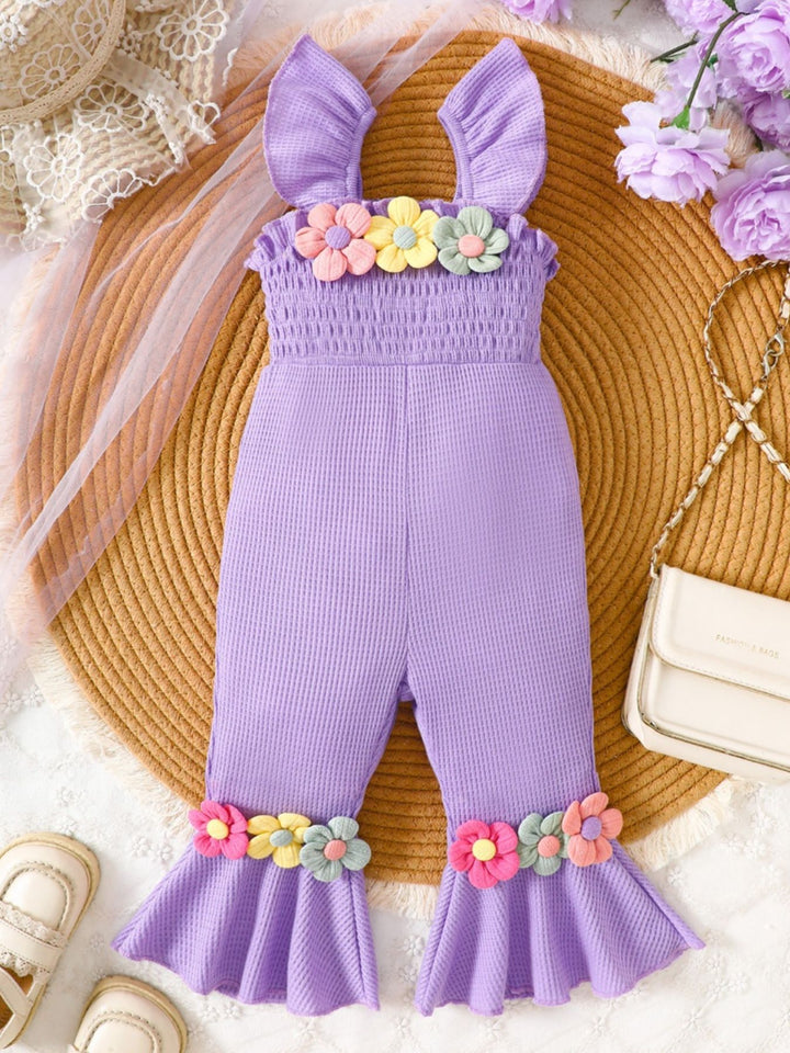 Children's Floral Decor Smocked Ruffle Hem Jumpsuit - cas7m