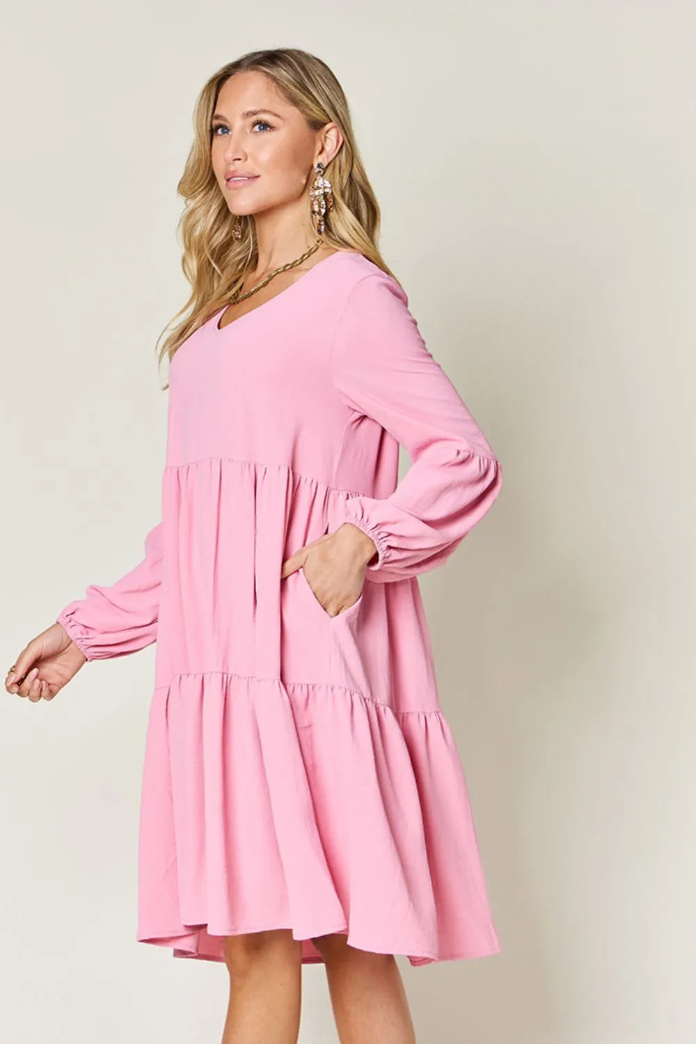 Double Take Full Size V-Neck Balloon Sleeve Tiered Dress with Pockets - cas7m