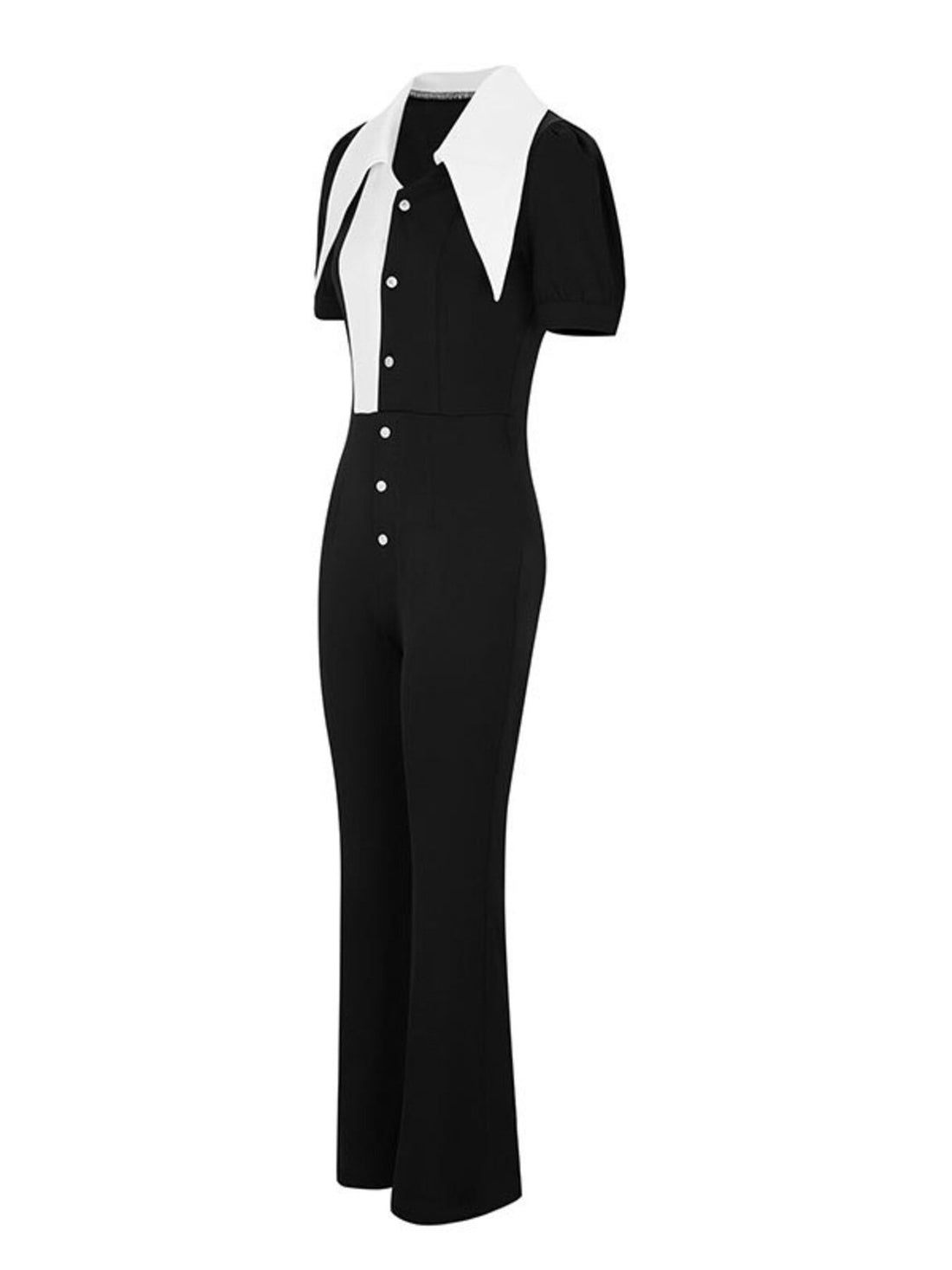 Contrast Button-Down Wide Leg Jumpsuit - cas7m