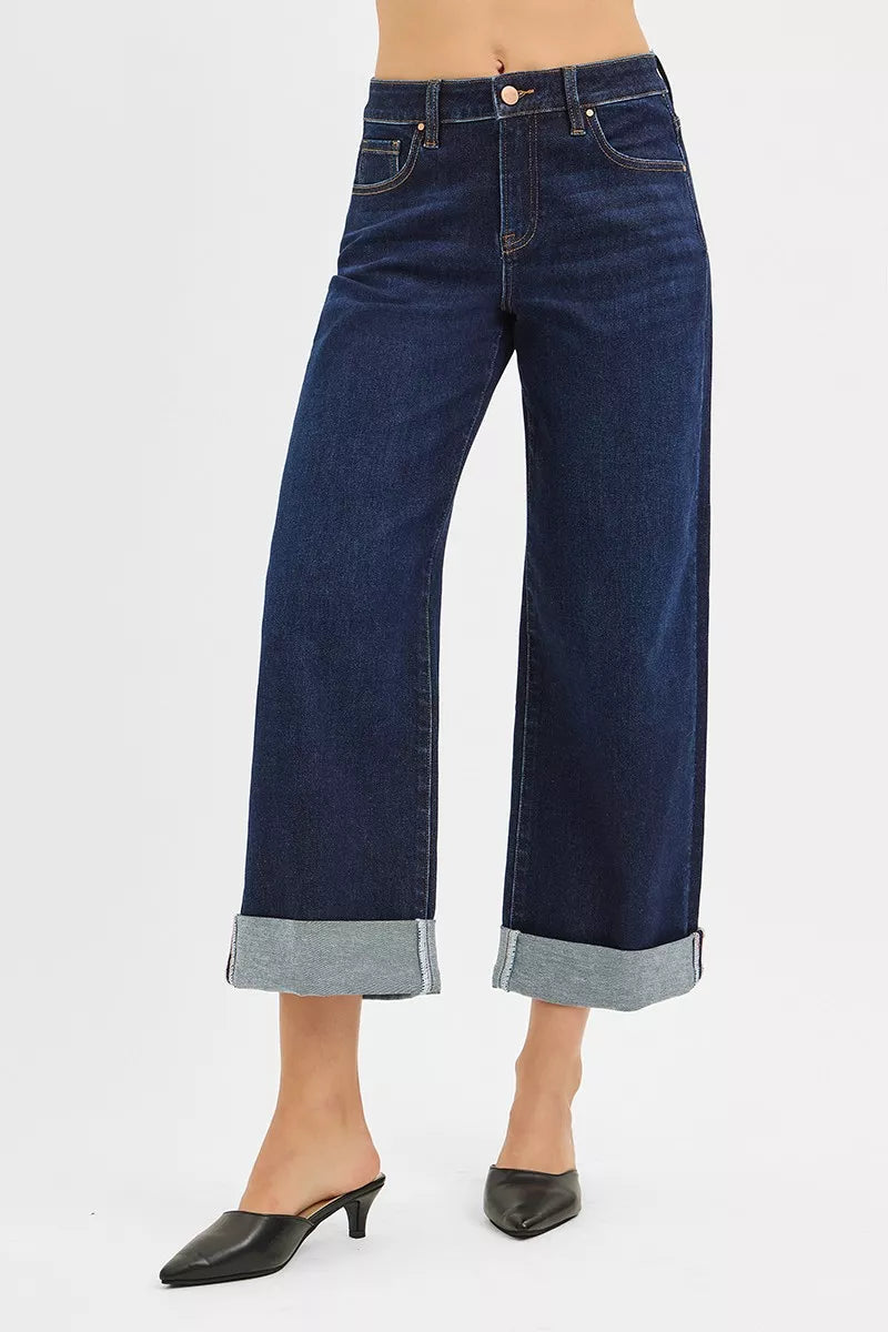 RISEN Mid Rise Fit Ankle Wide Roll Up Jeans - cas7m