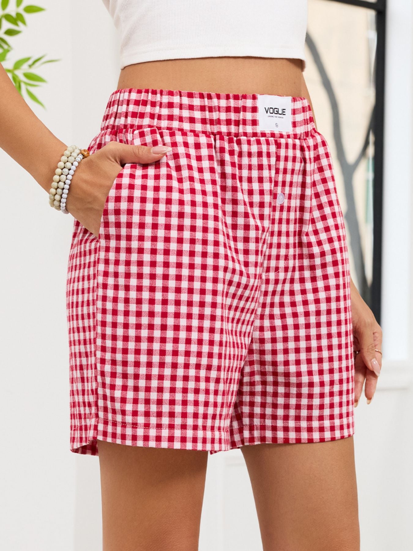Gingham Elastic Waist Casual Shorts - cas7m