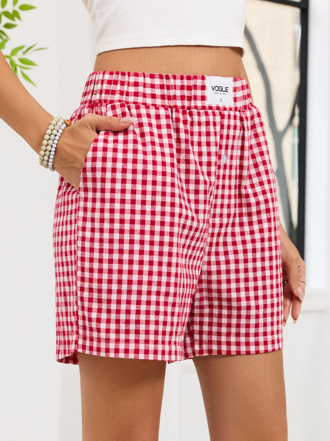 Gingham Elastic Waist Casual Shorts - cas7m