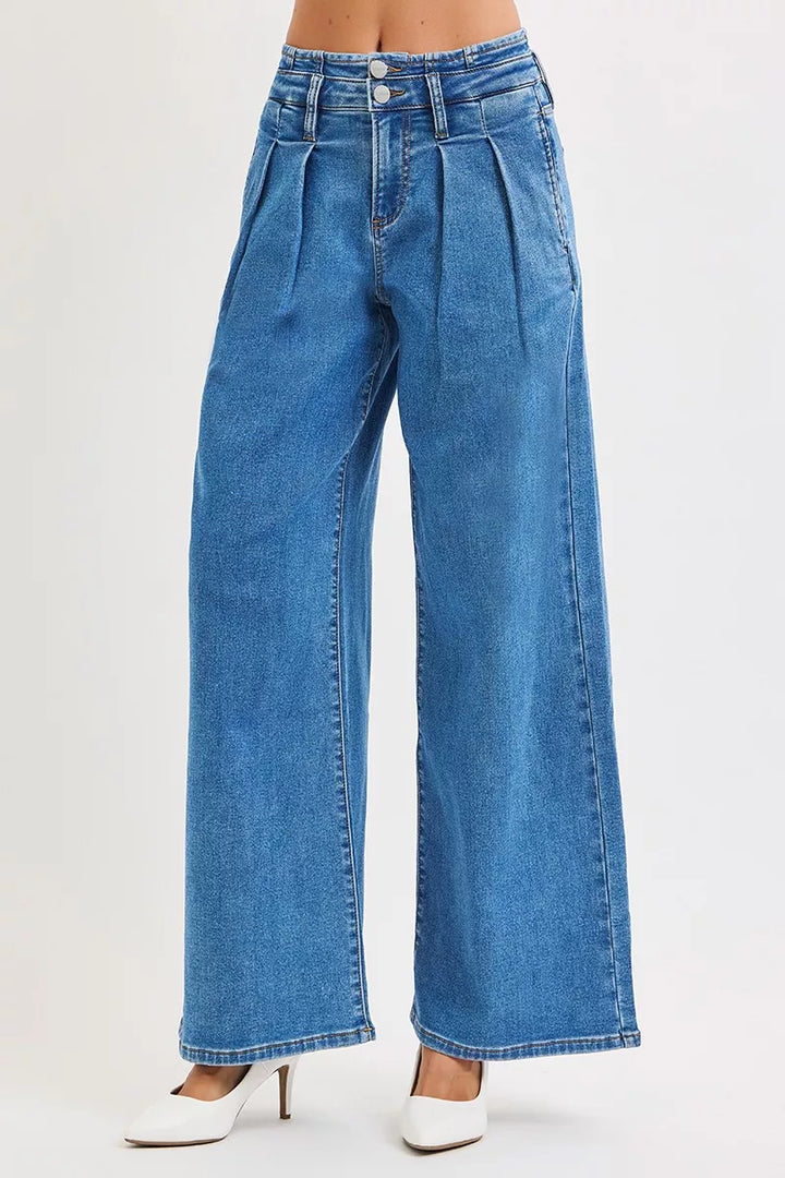 RISEN Full Size Mid Rise Fit Wide Leg with Pleated Detail Jeans Plus Size - cas7m