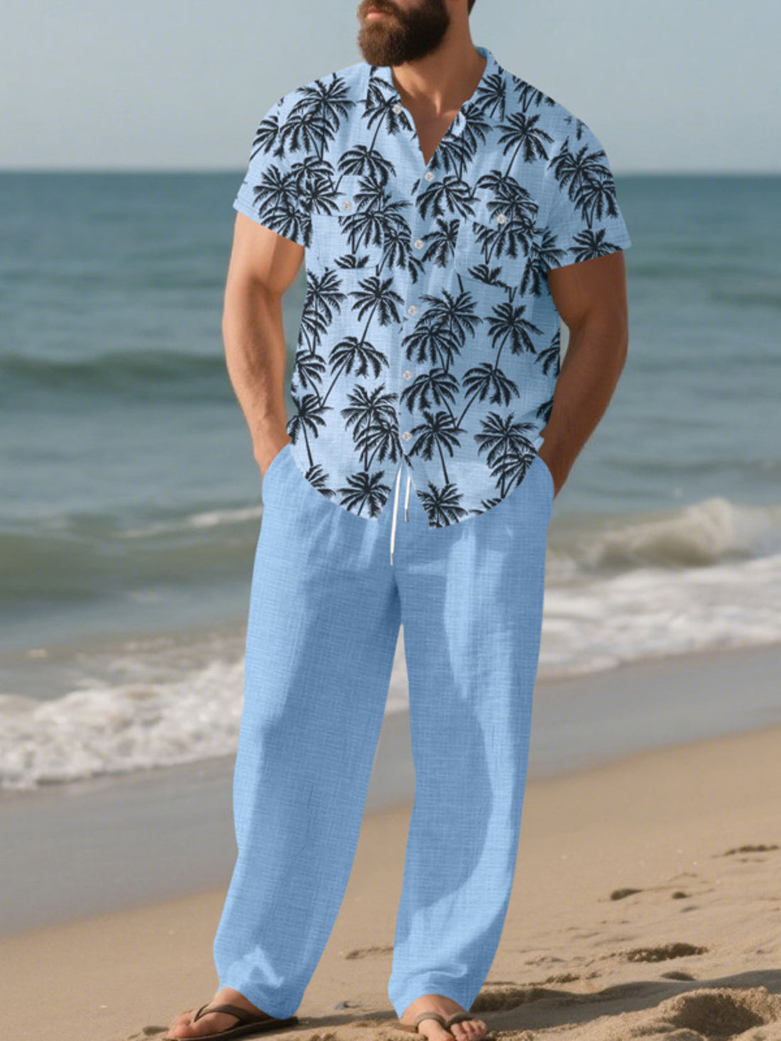 Men's Full Size Tropical Palm Print Button Up Shirt and Pants Set Plus Size - cas7m