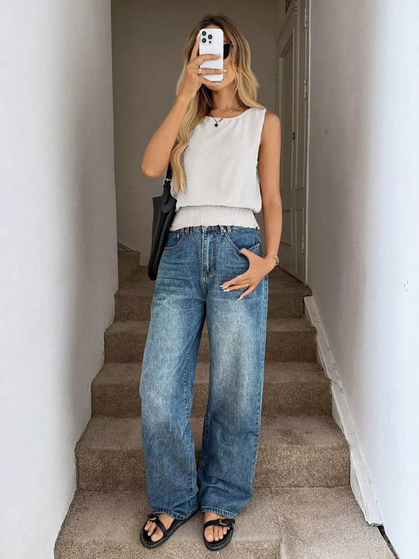 Smocked Round Neck Tank - cas7m