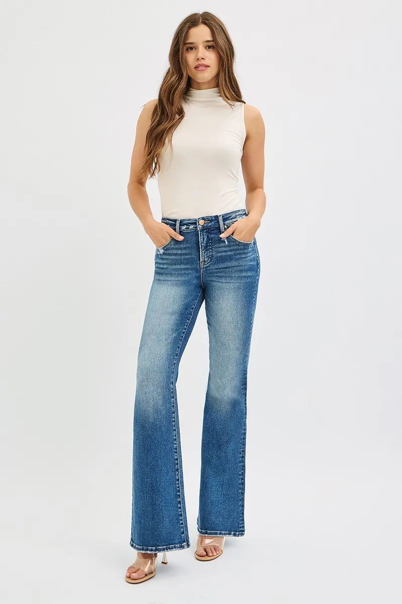 RISEN Full Size Tummy Control High Rise Flare Jeans Plus Size - cas7m