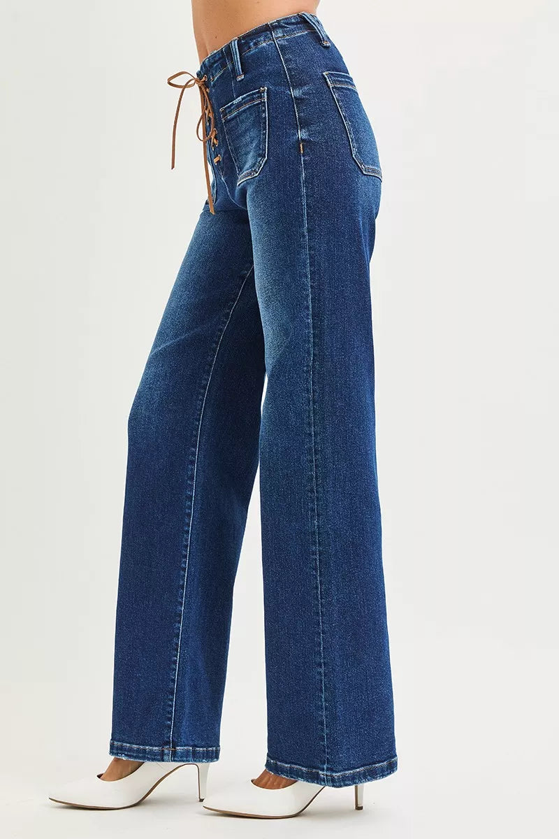 RISEN Full Size High Rise Wide Leg Jeans with Front Tie Detail Plus Size - cas7m
