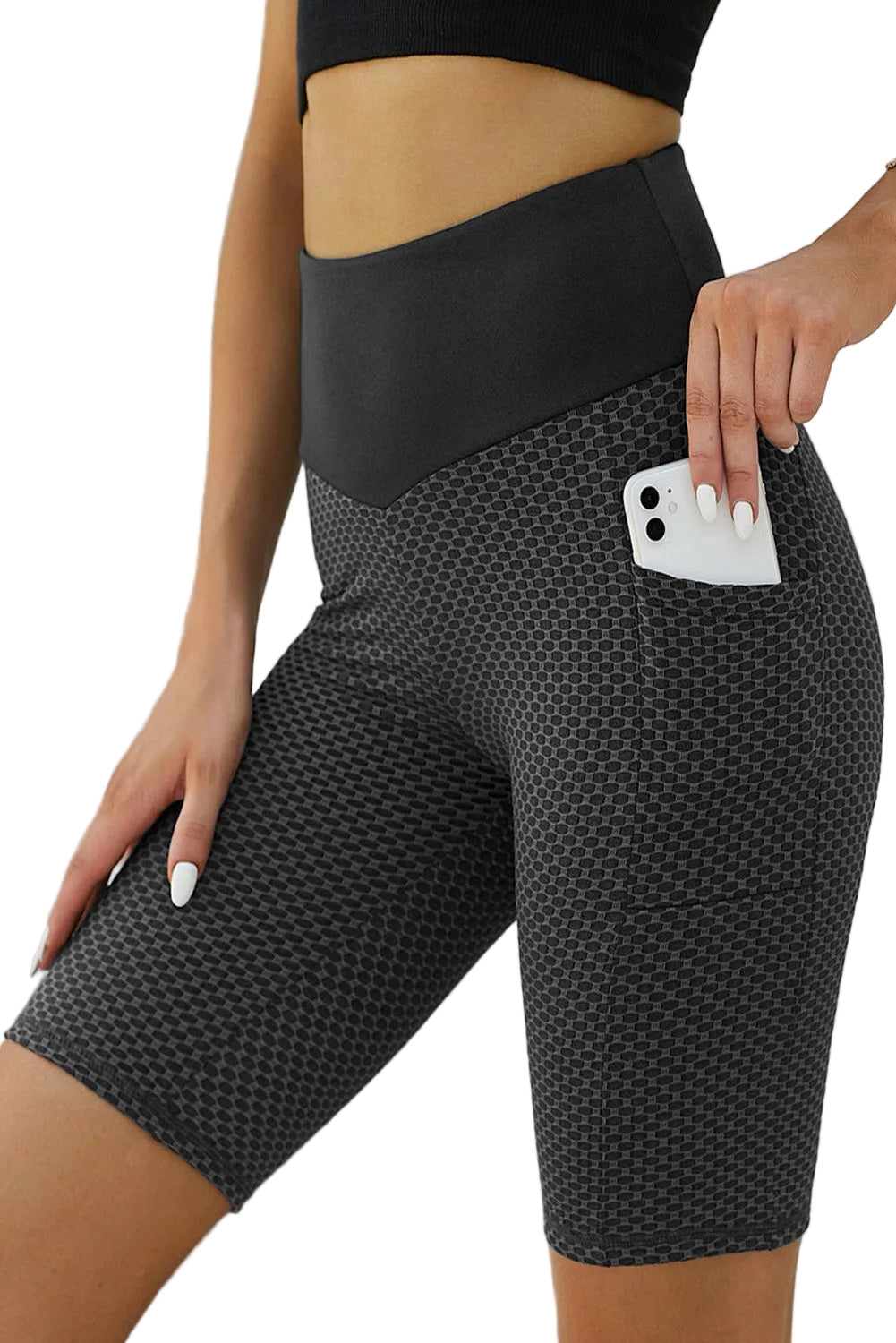 Black Side Pockets Ruched Butt Lifting Yoga Shorts - cas7m