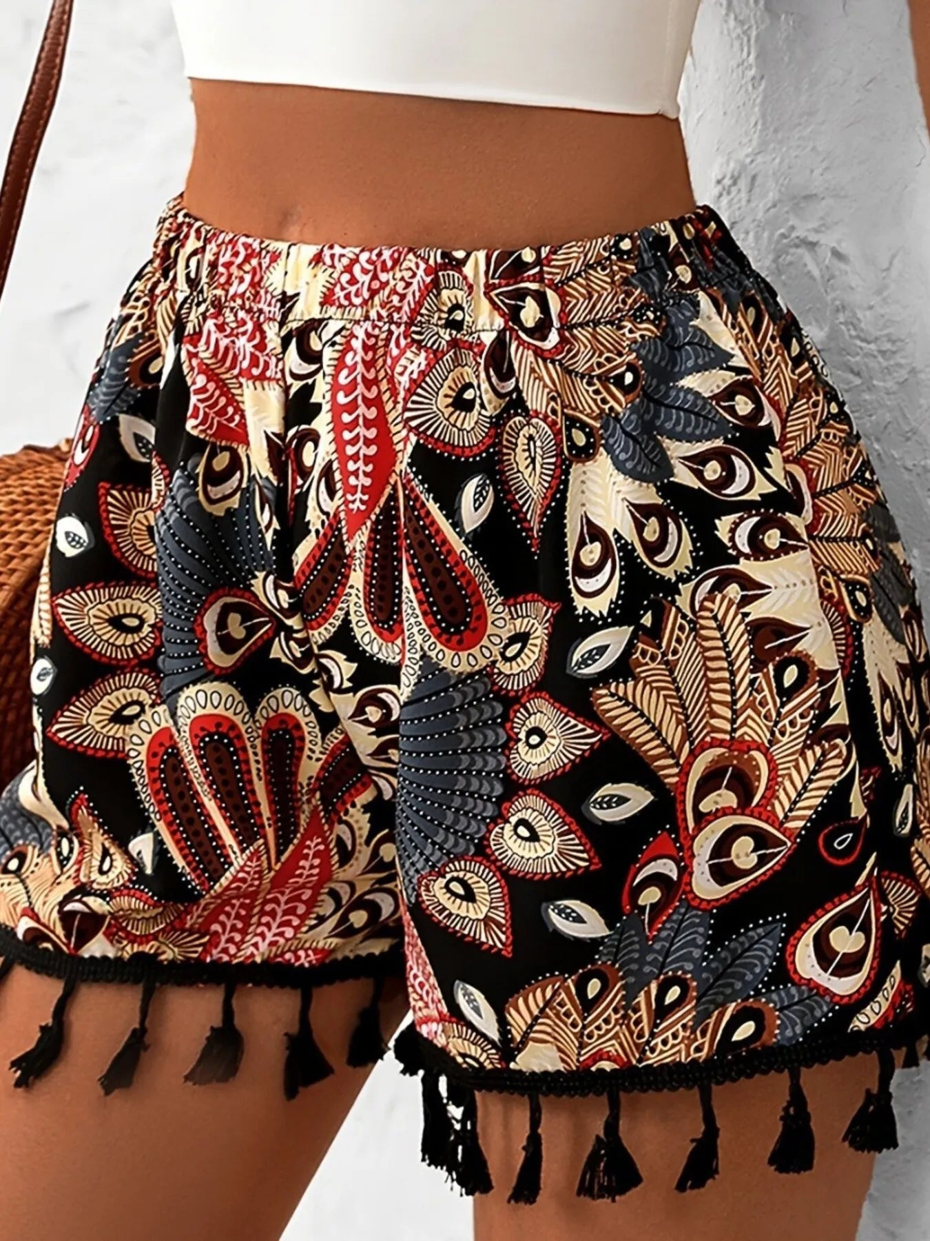 Paisley Print Tassel Hem Shorts - cas7m
