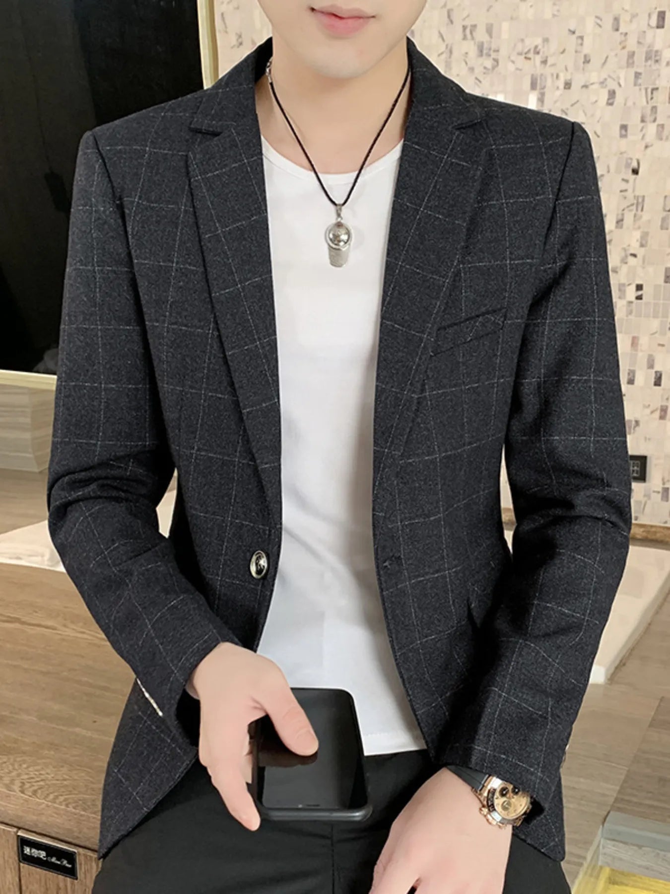 Men's Plus Size Slim Fit Plaid Pattern Blazer - cas7m