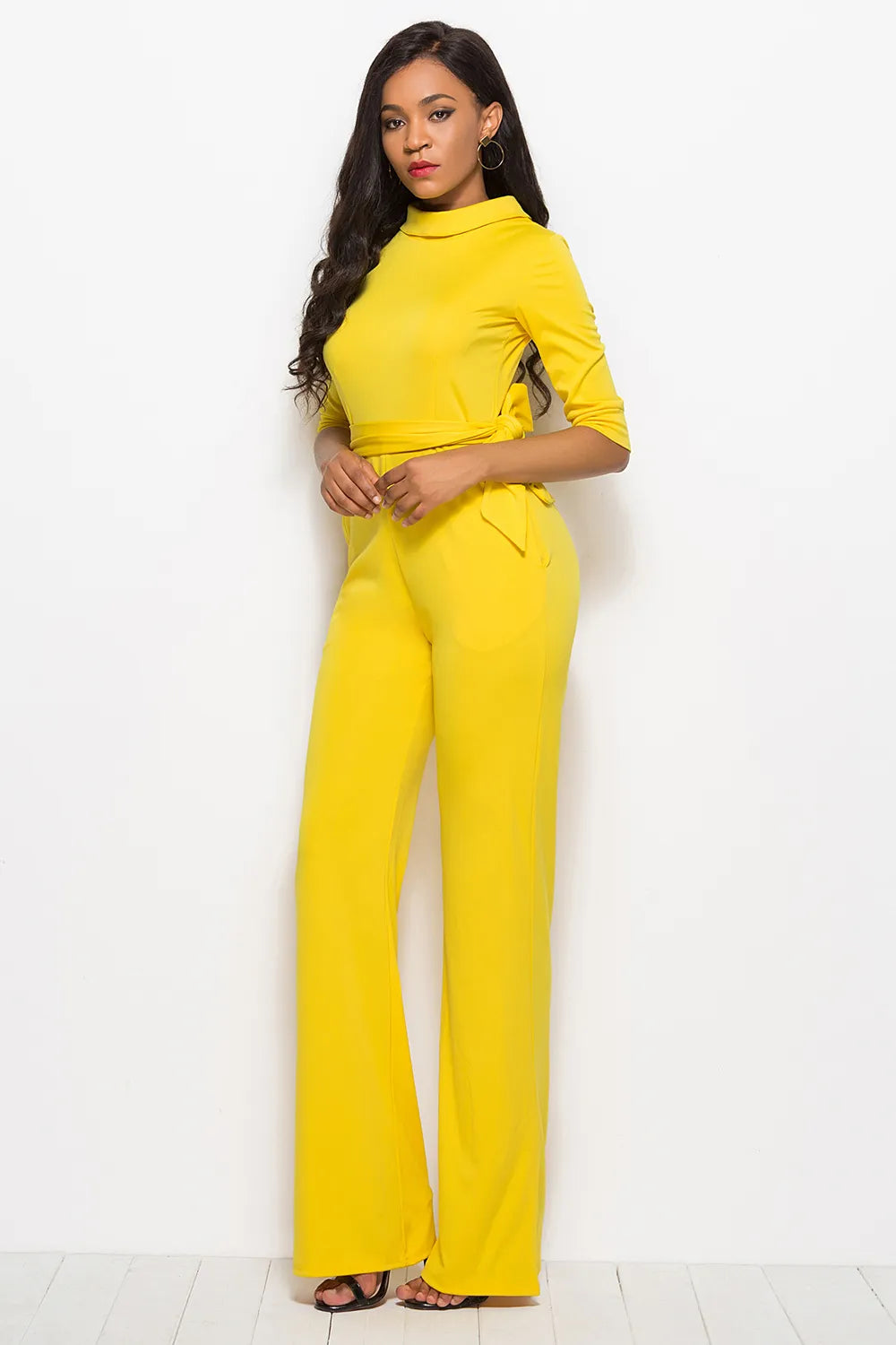 Mock Neck Tie-Waist Half Sleeve Jumpsuit - cas7m