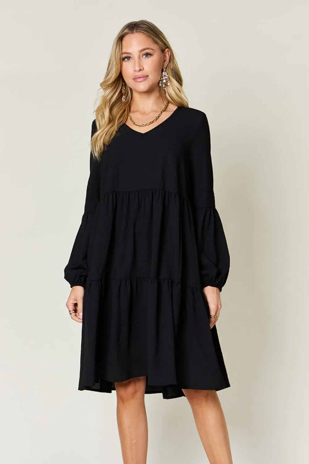 Double Take Full Size V-Neck Balloon Sleeve Tiered Dress with Pockets - cas7m