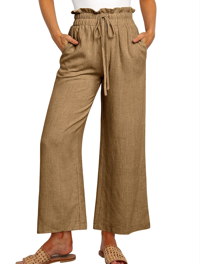 Elastic Waistband Lace-up Wide Leg Pants Solid Color Cropped Pants - cas7m
