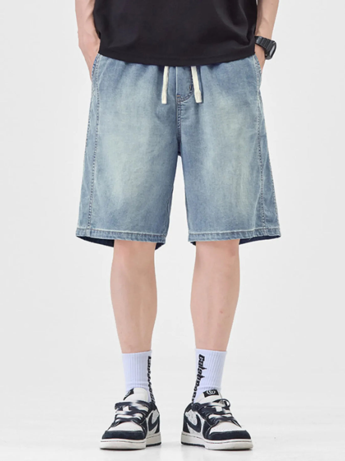 Men's Plus Size Casual Loose Fit Denim Shorts with Drawstring - cas7m
