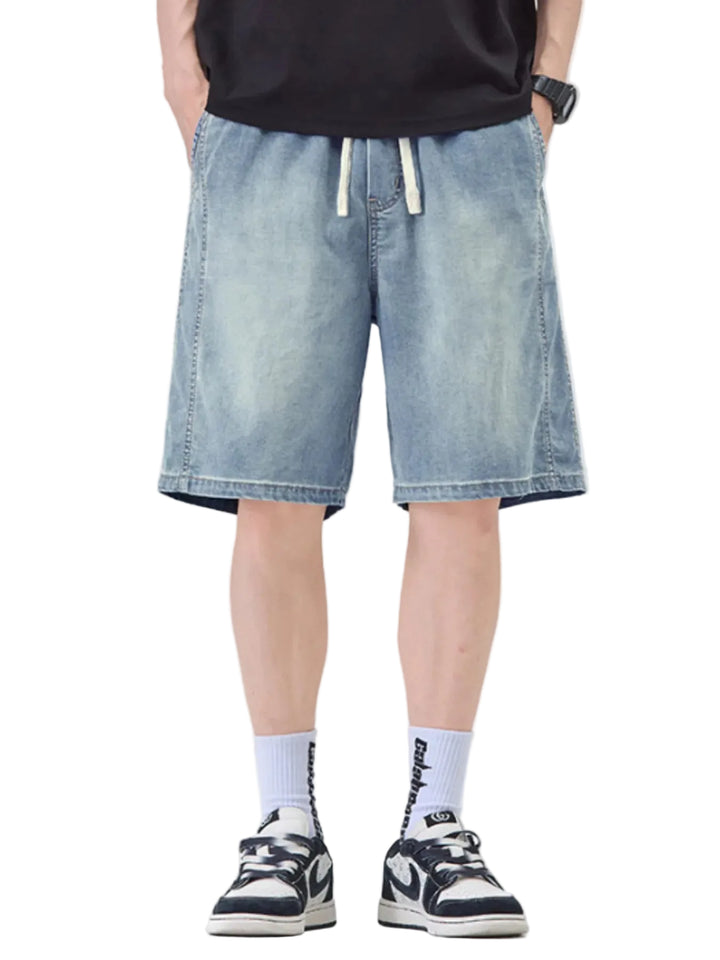 Men's Plus Size Casual Loose Fit Denim Shorts with Drawstring - cas7m